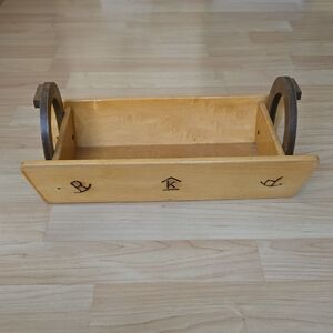 Vintage JR Western Woodcraft wooden tray w/ horse shoe handles branded logo